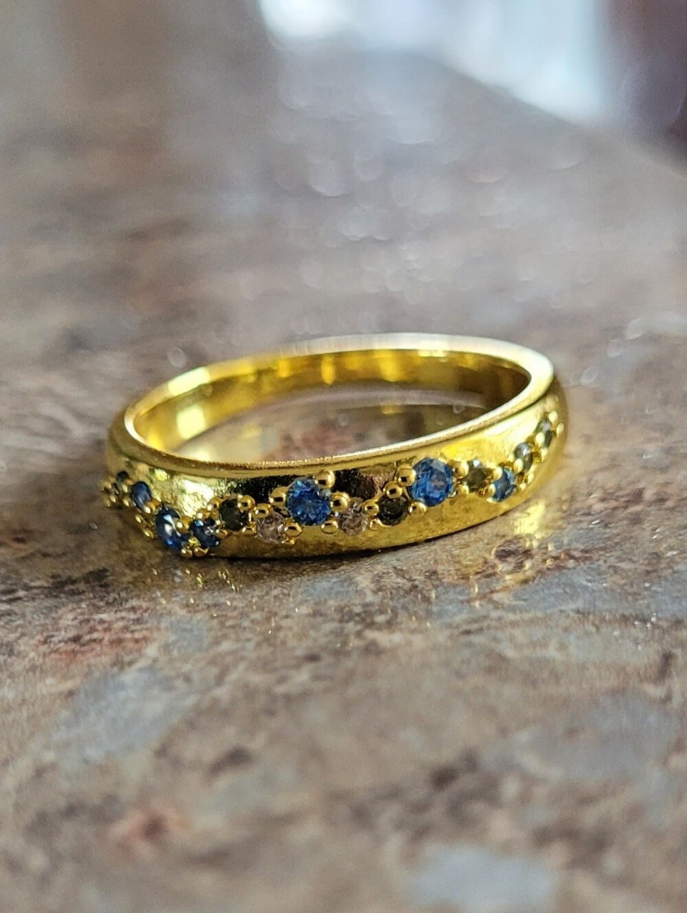 Gold Tone Blue Round Stone Band Ring Size 8